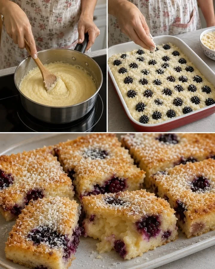 Creamy semolina dessert with berries and coconut crumble garnished beautifully