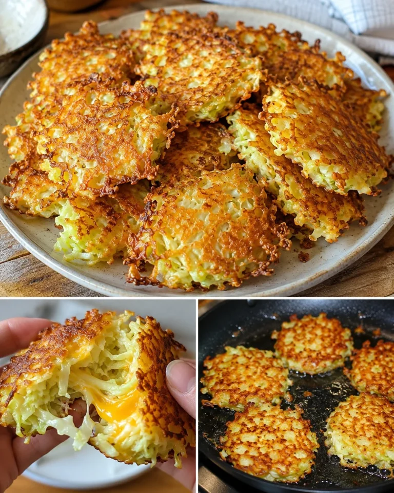 Crispy cabbage cheddar fritters on a plate, garnished and ready to eat.