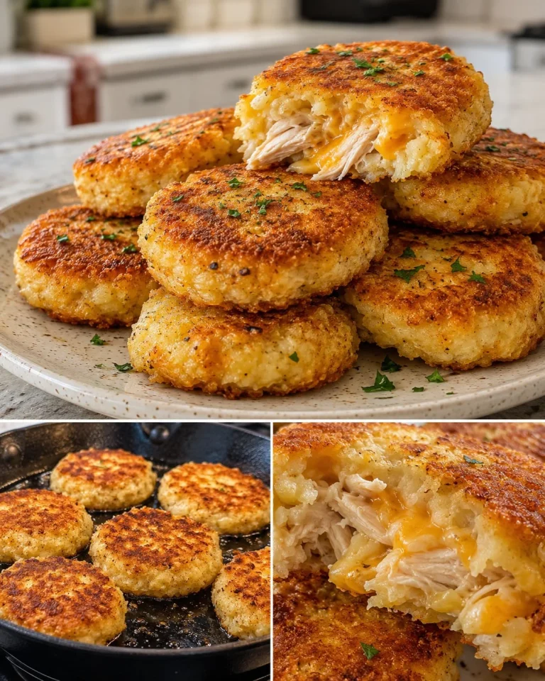 Crispy chicken potato cakes, golden brown and deliciously crunchy, served on a plate.