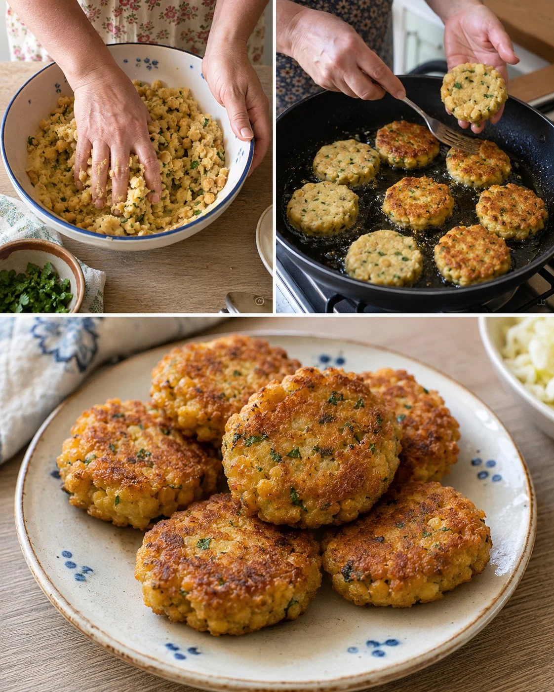 Crispy chickpea potato cakes served on a plate.