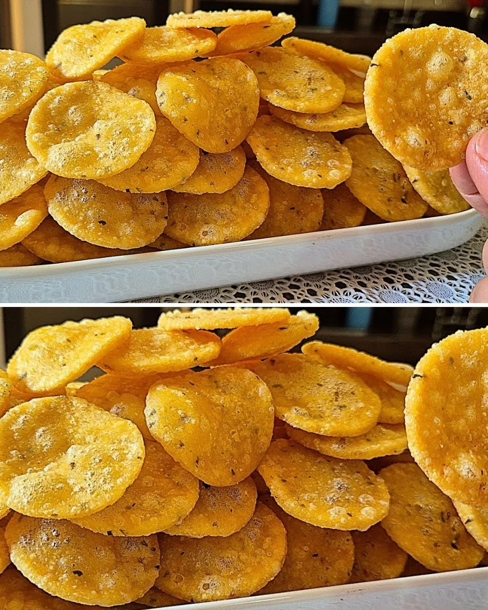 Homemade crispy cooked rice chips on a plate garnished with herbs