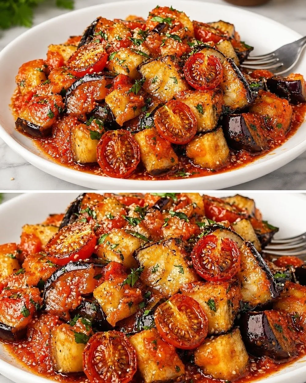 Plate of crispy eggplant dish garnished with herbs