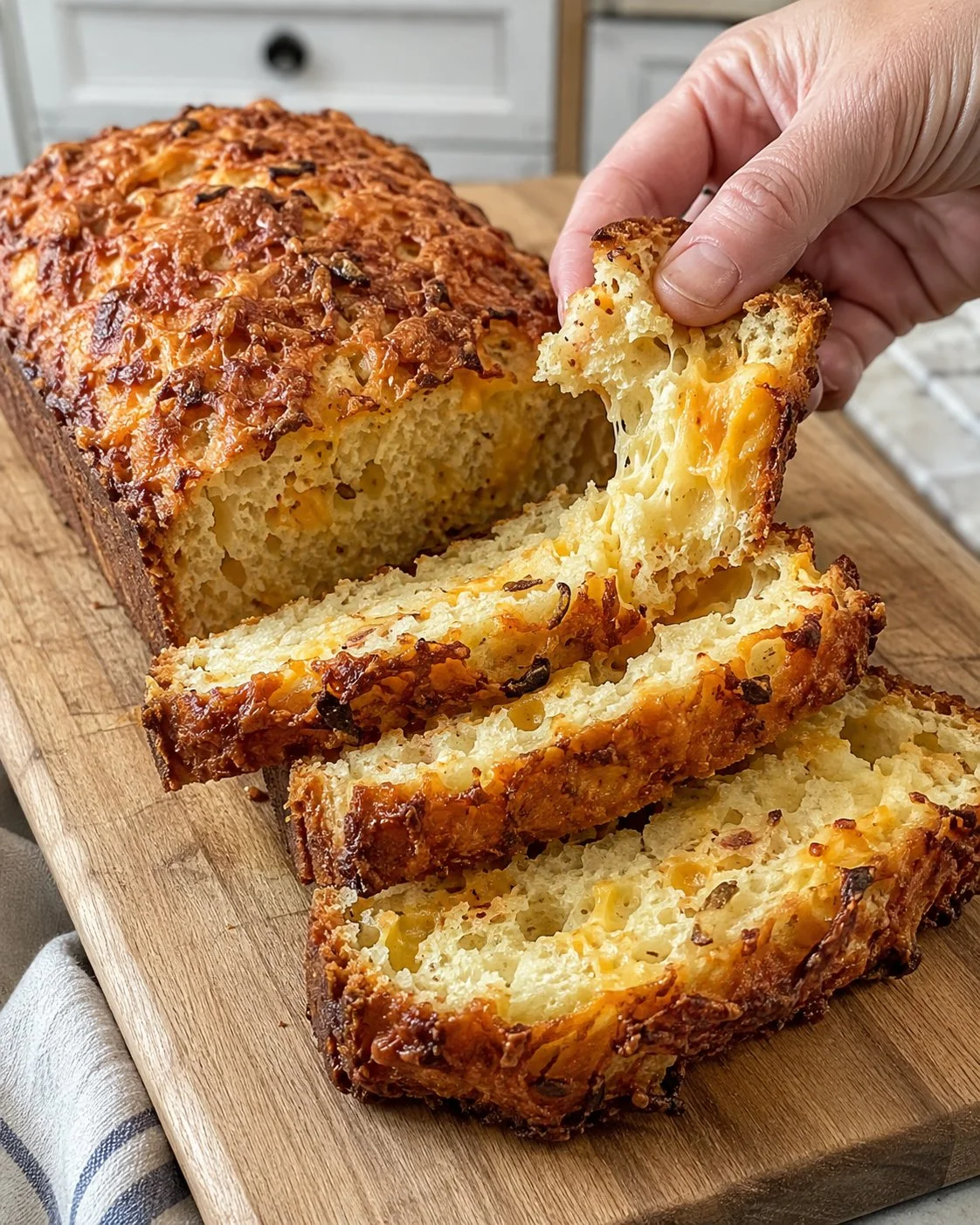 Crispy Onion Cheddar Quick Bread fresh out of the oven, served on a wooden table.