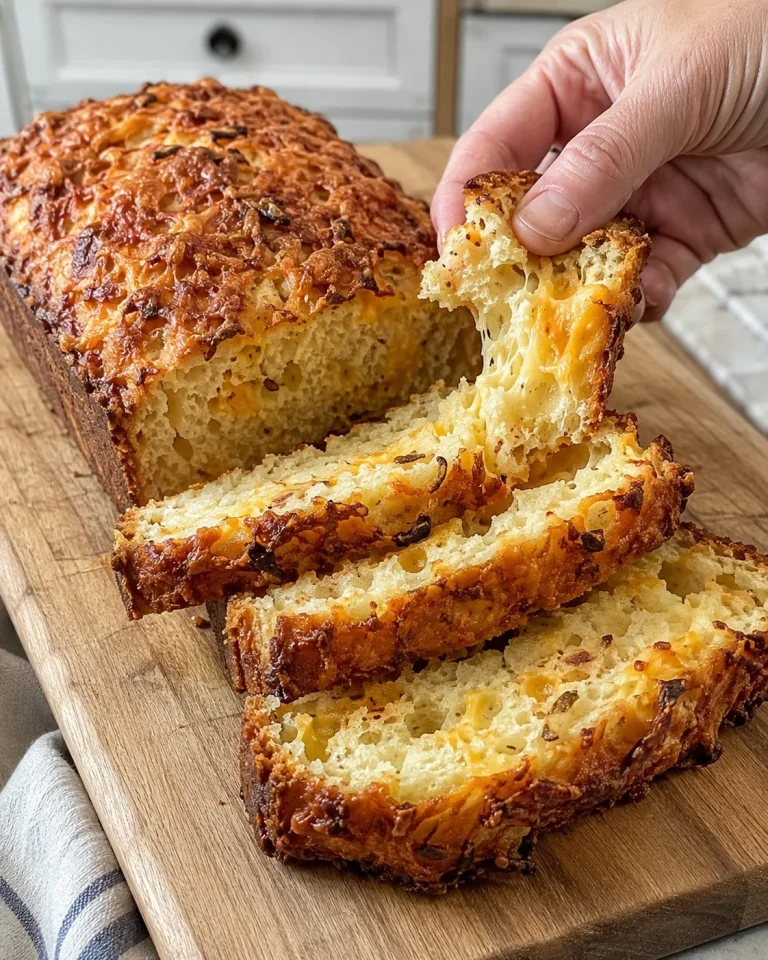 Crispy Onion Cheddar Quick Bread served on a wooden table