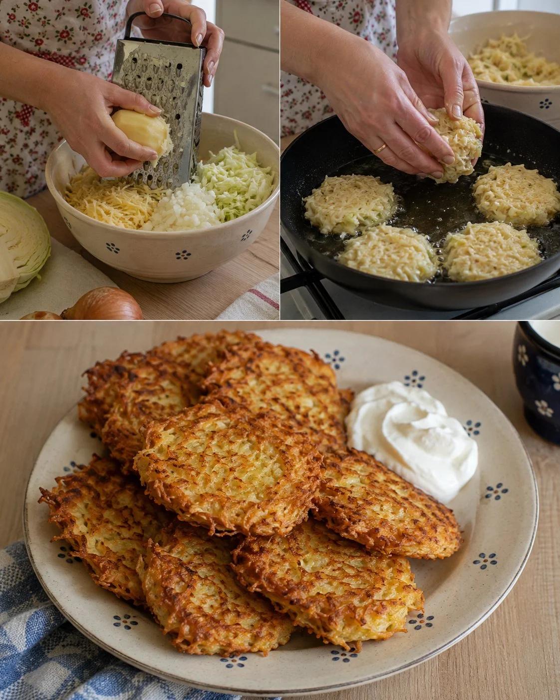 Crispy potato cabbage fritters served on a plate
