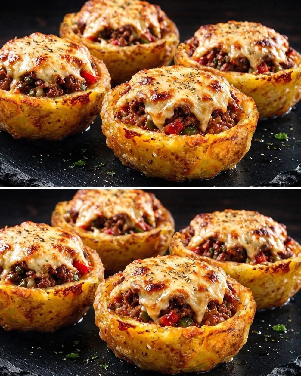 Crispy potato cups filled with beef, perfect for appetizers or snacks.