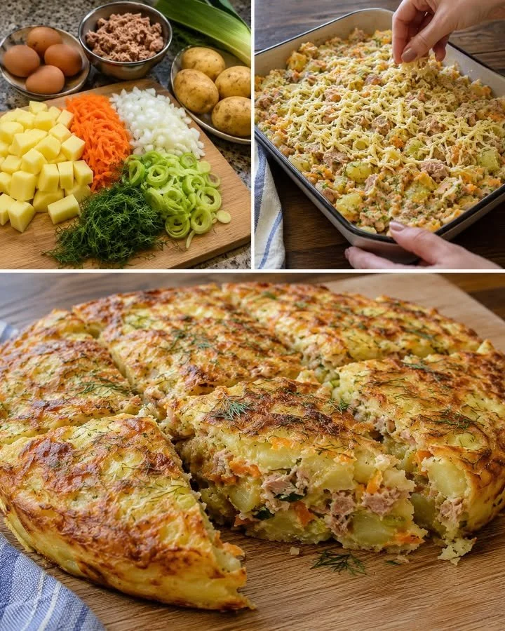 Crispy-Topped Tuna Potato Bake featuring creamy veggies in a baking dish