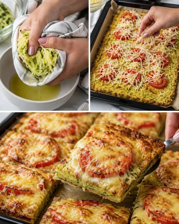 Crispy zucchini and potato pizza served on a wooden plate