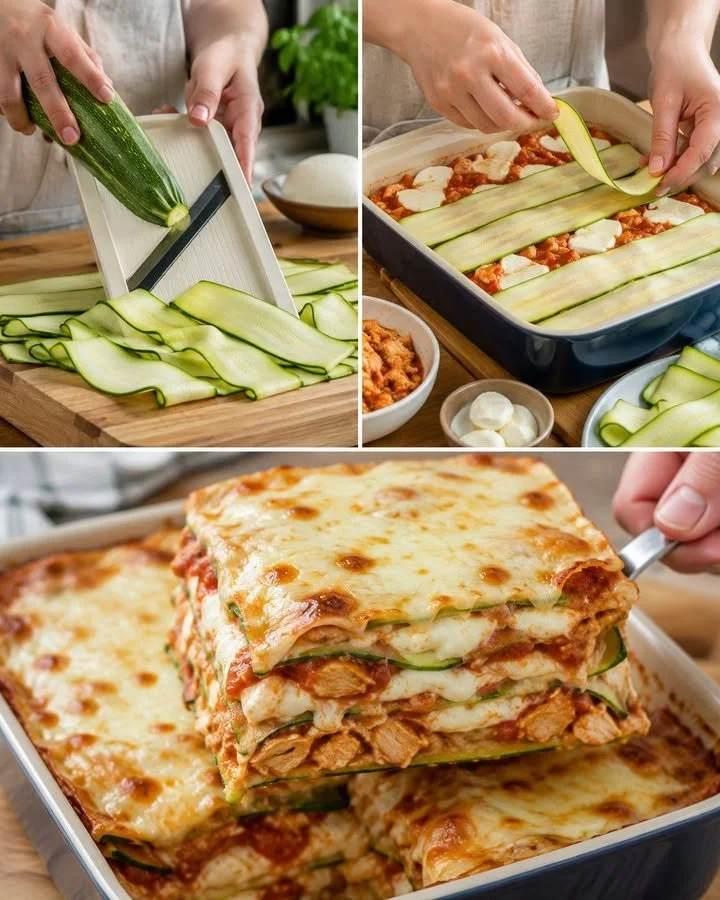 Zucchini lasagna with chicken and cheese in a one-pan recipe