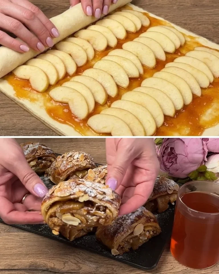 Delicious easy puff pastry rolls served with a cup of fruity tea.