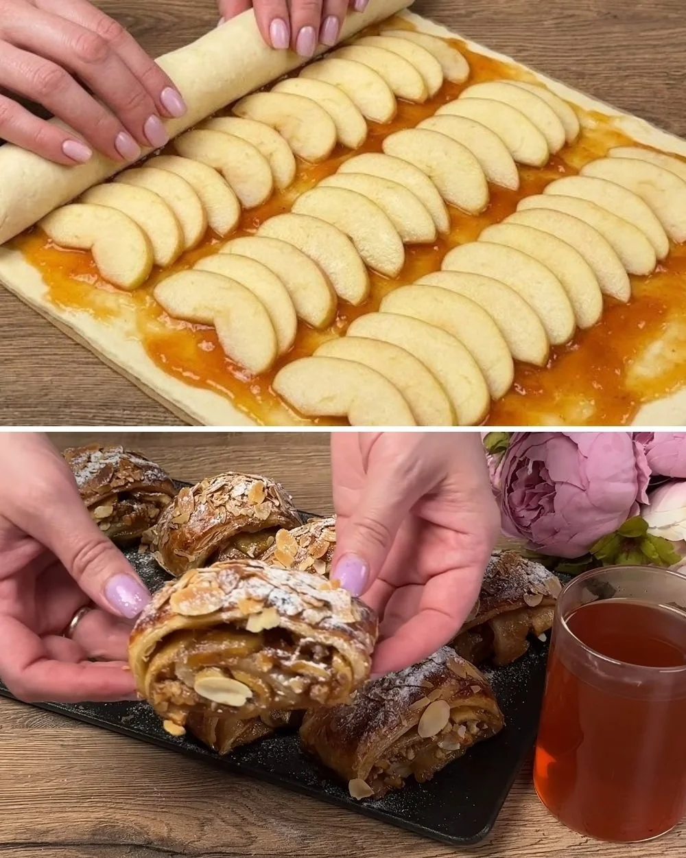 Delicious easy puff pastry rolls served with a cup of fruity tea.