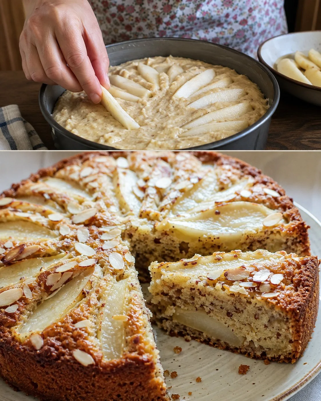 Eggless Almond Pear Cake topped with almonds and pear slices