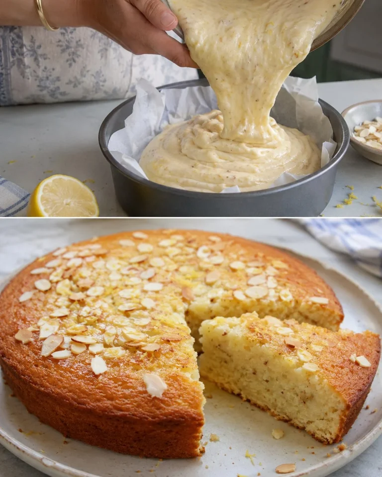 Eggless lemon almond yogurt cake with fresh lemon slices and almonds