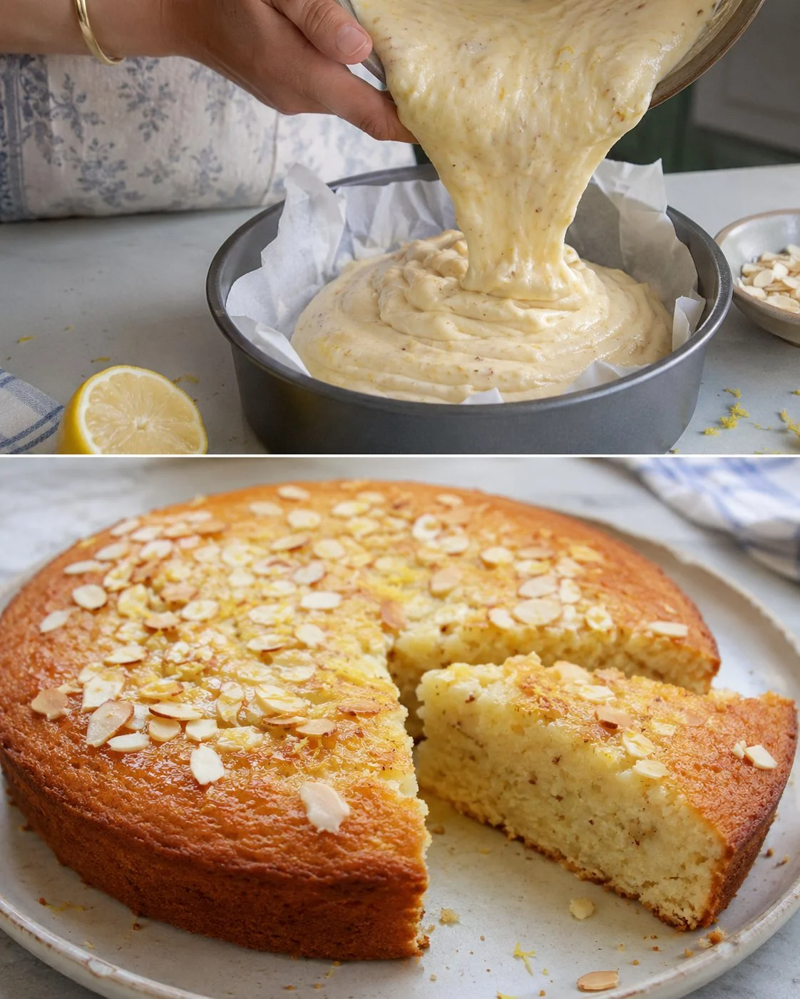 Eggless lemon almond yogurt cake with fresh lemon slices and almonds