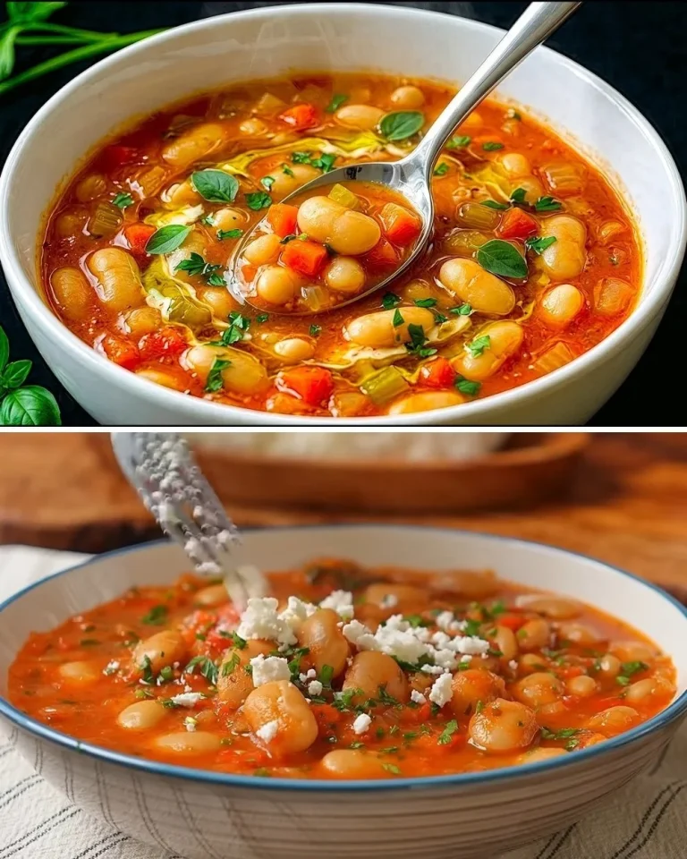 Bowl of Fasolada, classic Mediterranean white bean soup served with herbs
