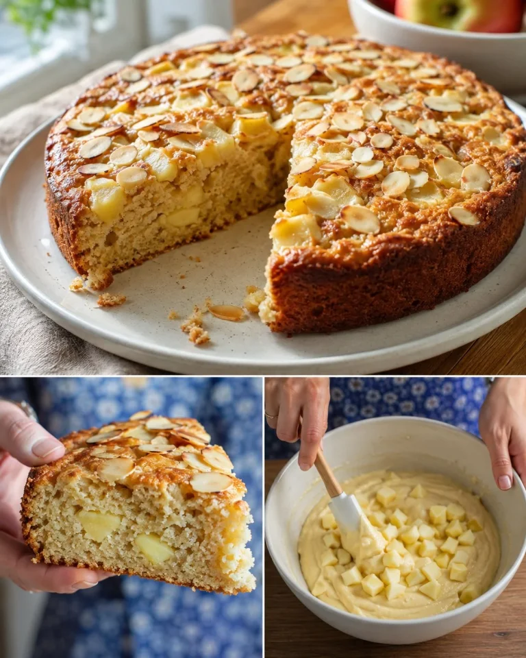 Flourless Almond Apple Yogurt Cake garnished with fresh apples and almonds.