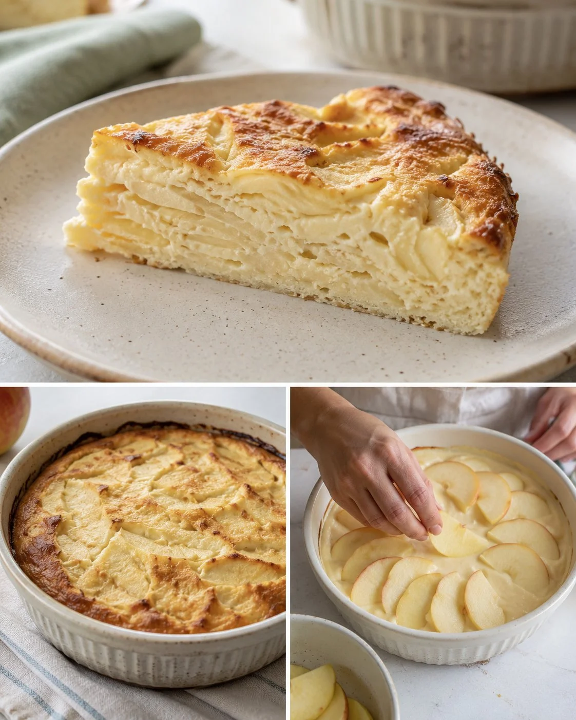 Flourless Apple Cottage Cheese Bake served in a dish with apple slices