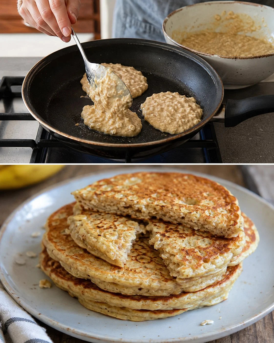 Plate of fluffy flourless banana oat pancakes with fresh fruit and syrup