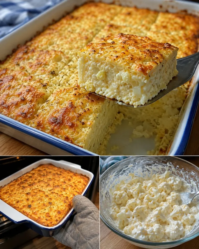 Flourless cauliflower yogurt bake served in a dish with herbs.