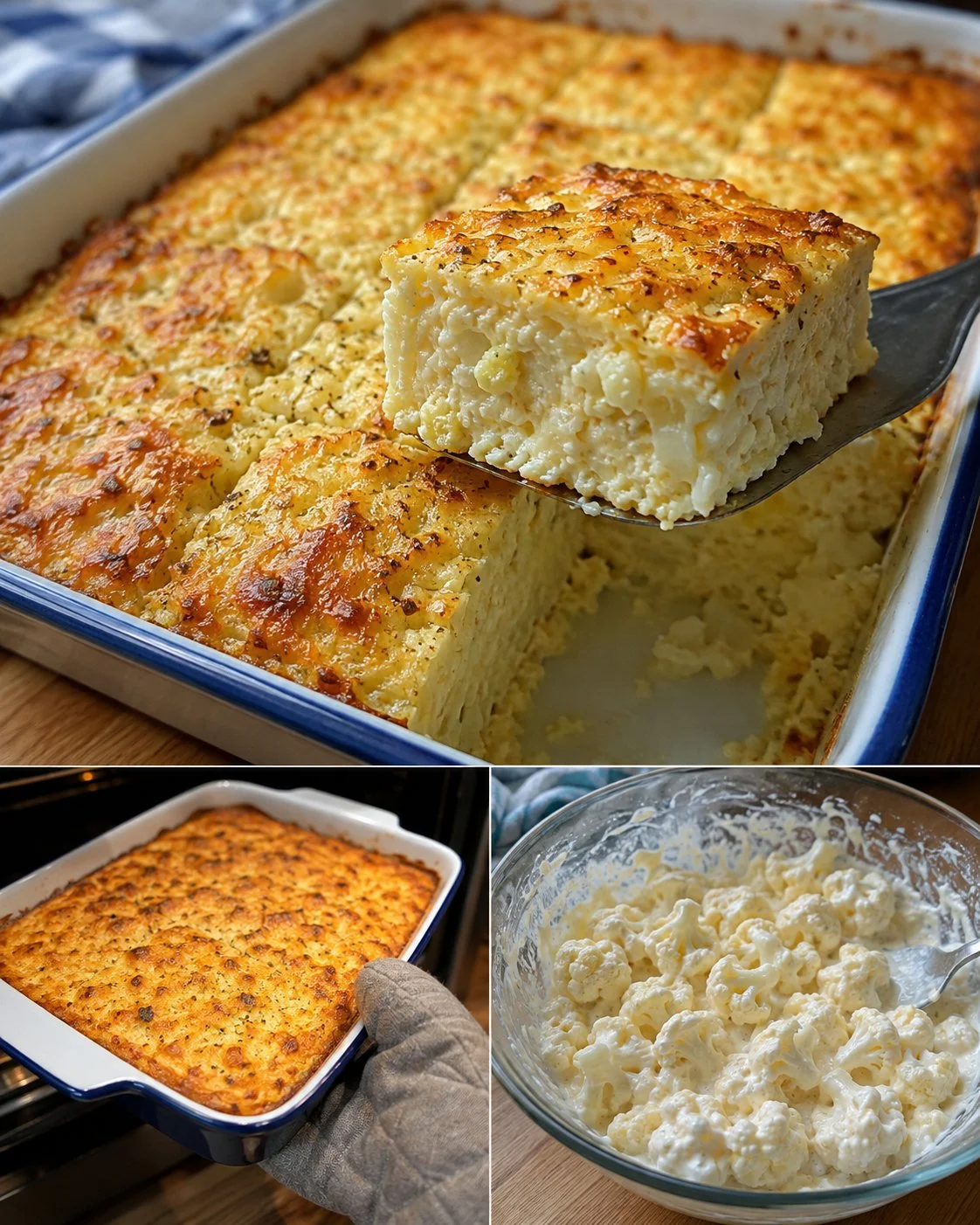 Flourless cauliflower yogurt bake served in a dish with herbs.