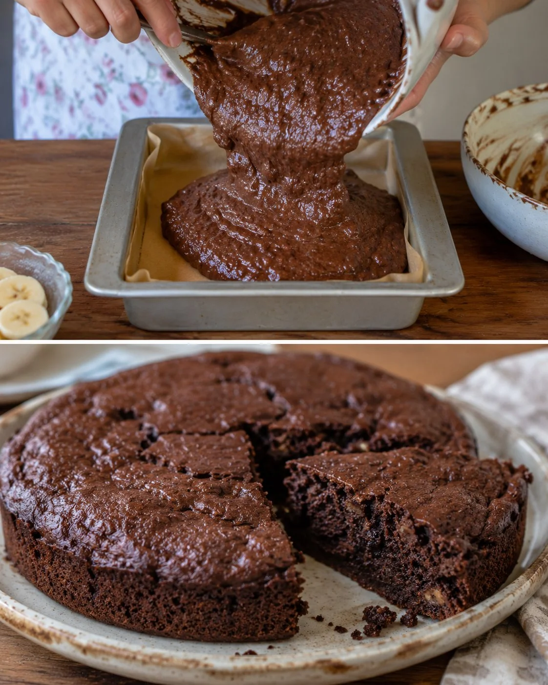 Delicious flourless chocolate banana cake topped with chocolate glaze.