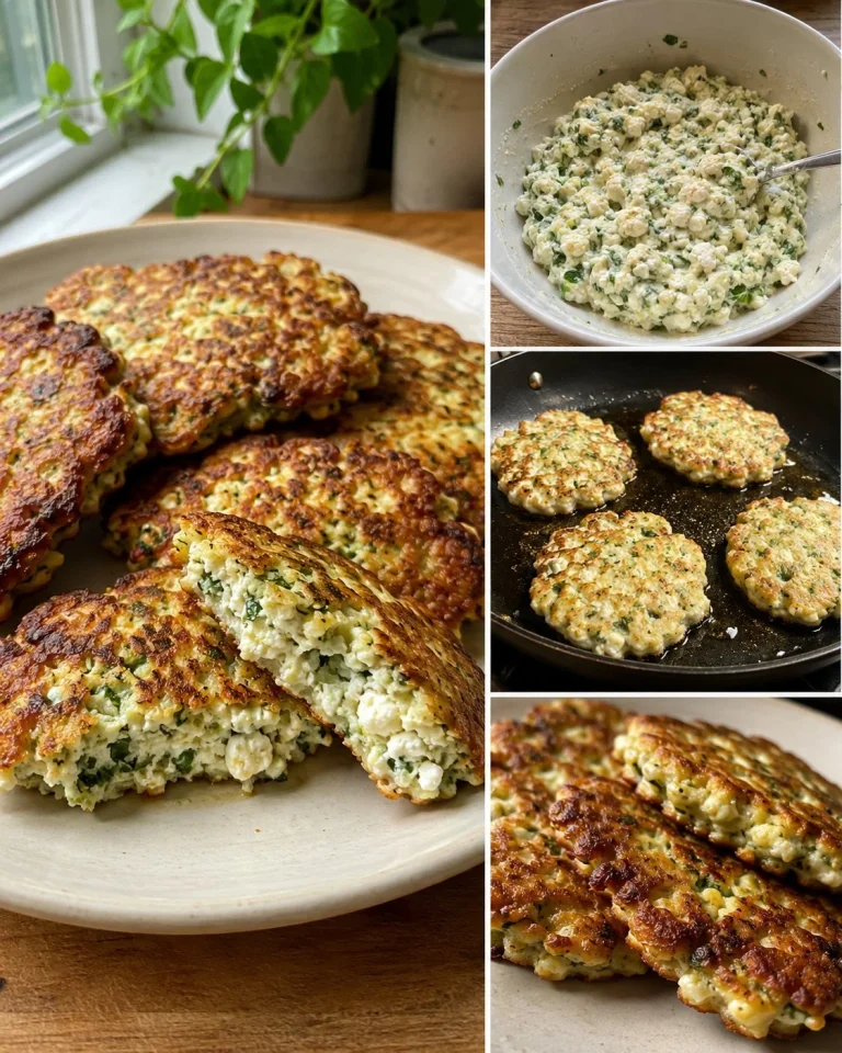 Flourless cottage cheese herb fritters on a plate garnished with fresh herbs