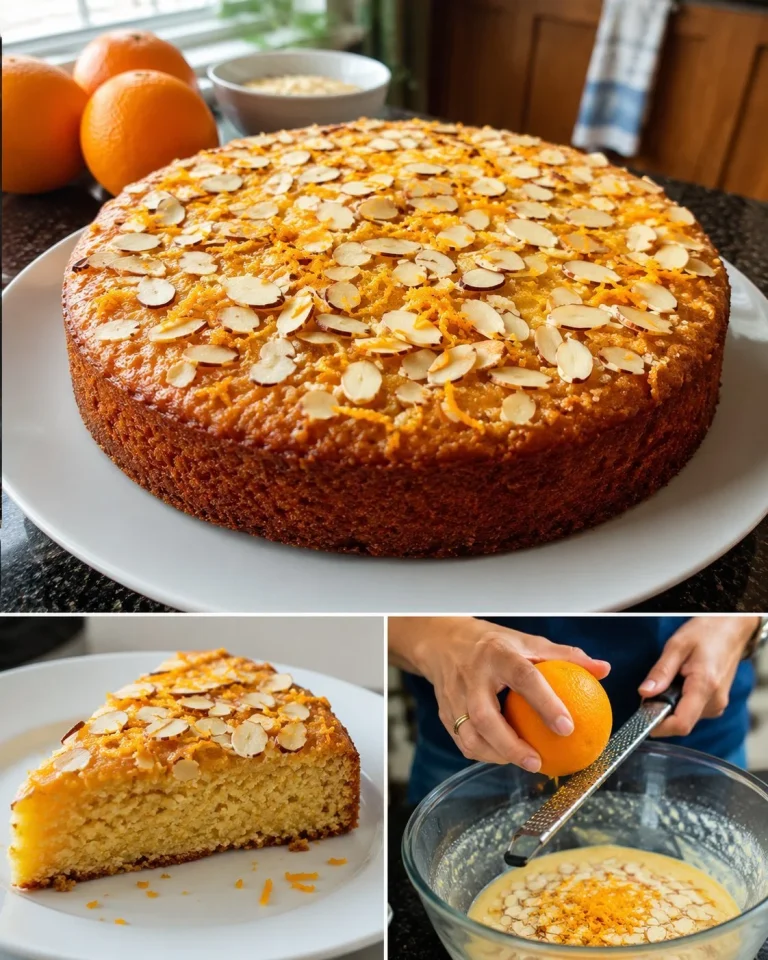 Flourless orange almond cake topped with zest and almonds on a white plate