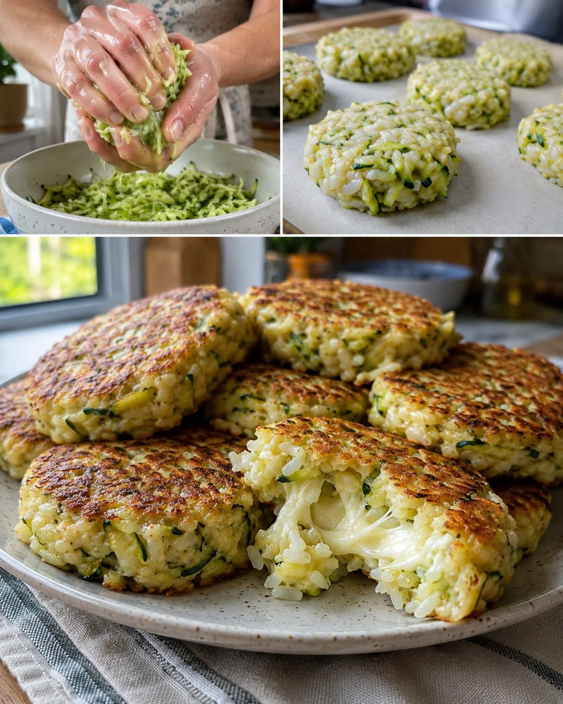 Flourless rice zucchini cakes served on a plate with fresh herbs.
