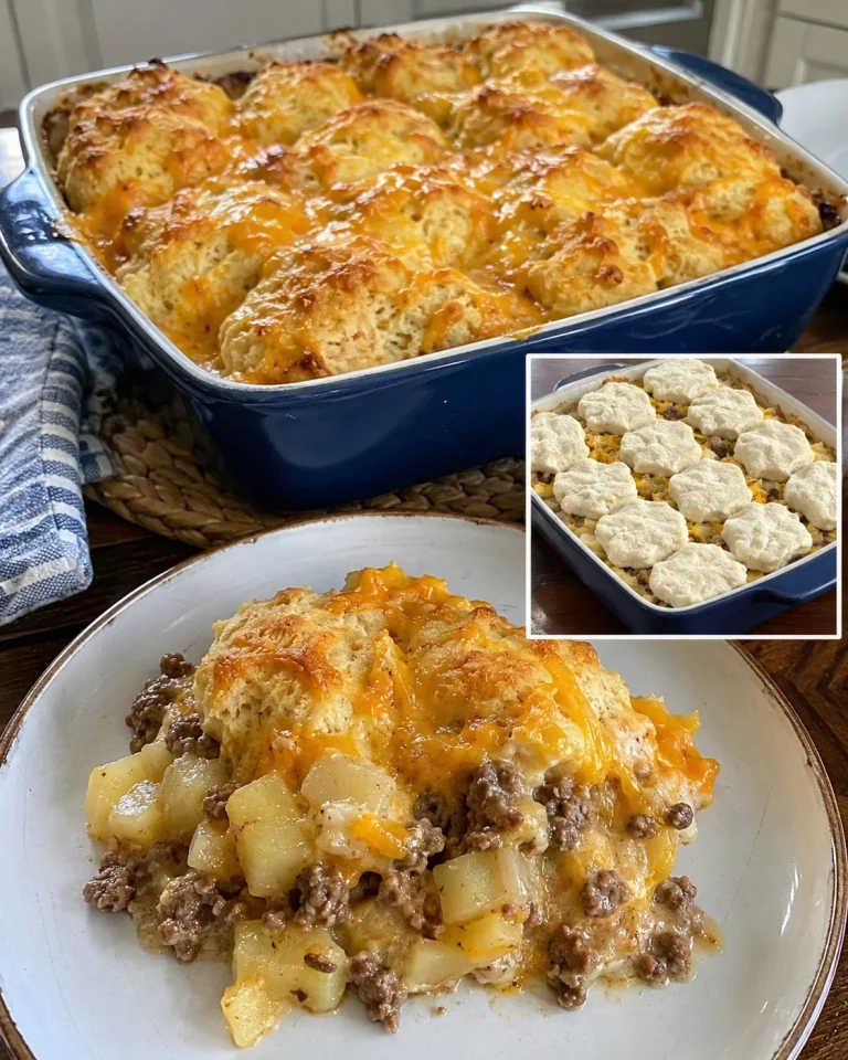 Delicious Ground Beef and Potato Biscuit Bake dish ready to serve.