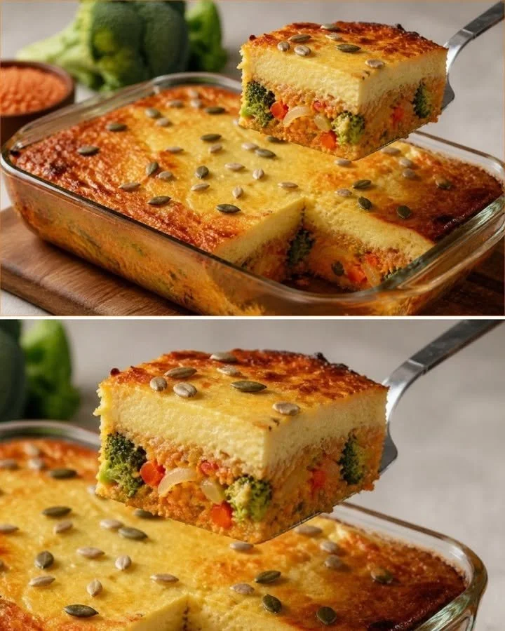 High-protein lentil bake without meat served in a casserole dish