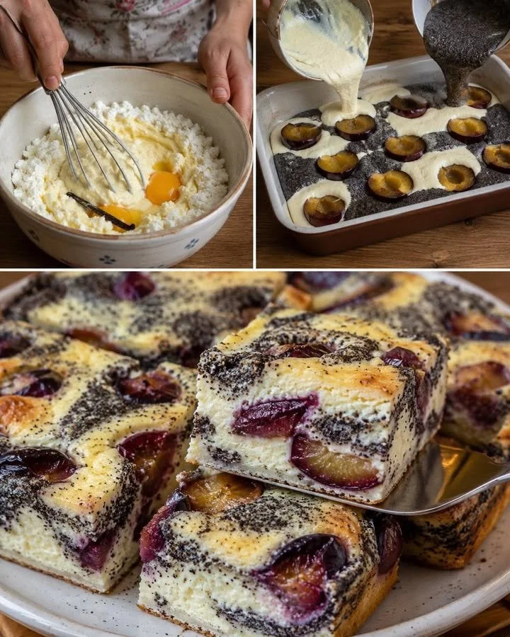 Delicious slivkovo-makový koláč, a moist plum and poppy seed dessert without flour.