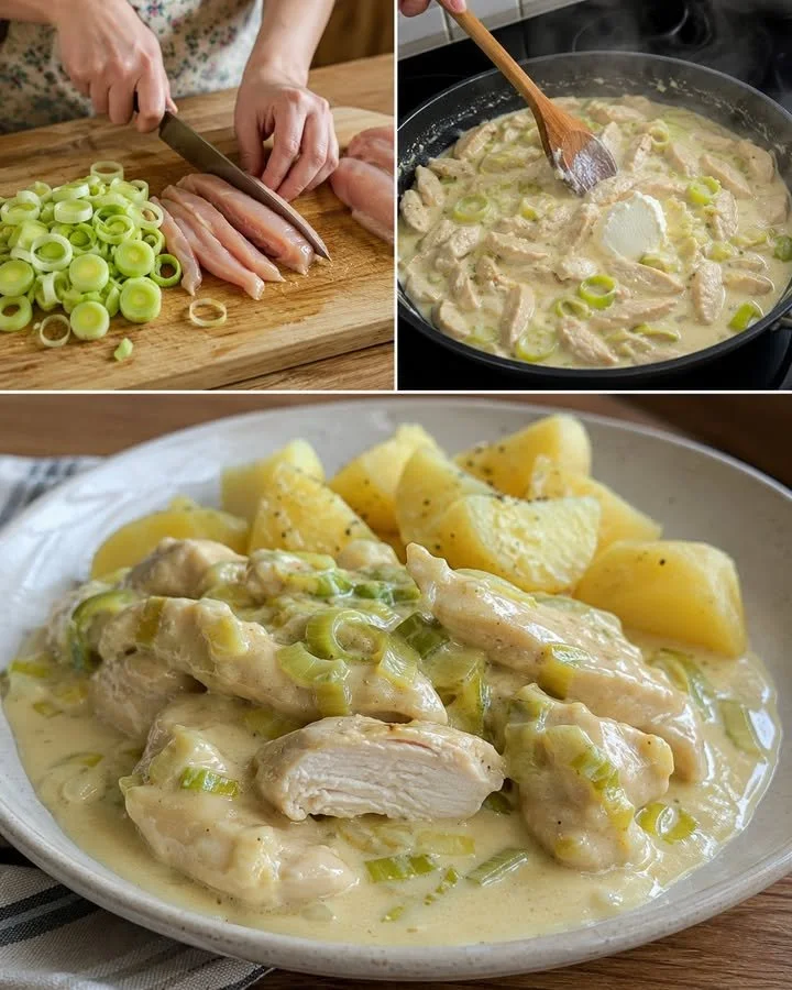 Juicy chicken breasts topped with creamy leek cheese sauce for a flavorful meal.
