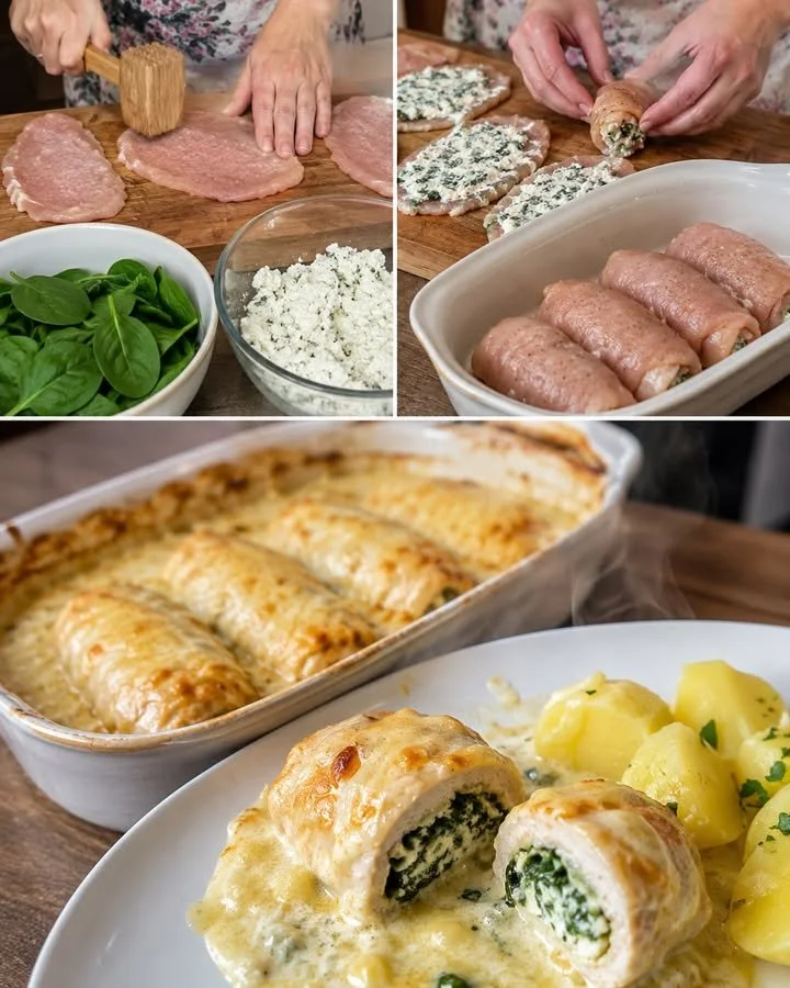Juicy chicken roulades with creamy cheese sauce garnished with herbs