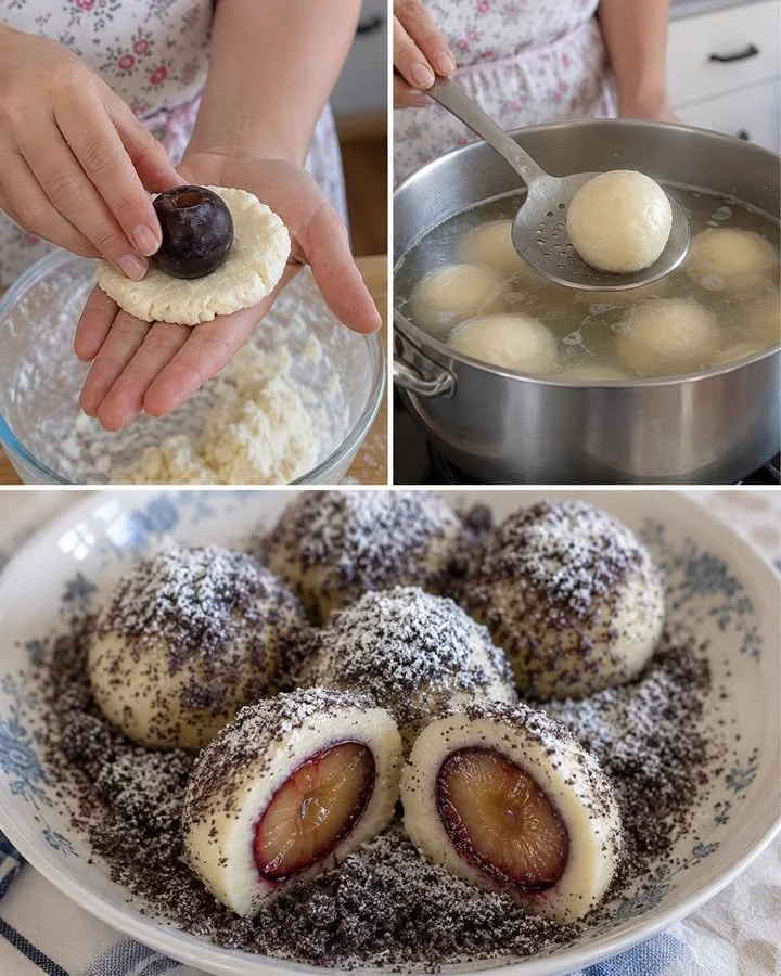 Juicy plum-filled dumplings topped with poppy seeds on a plate