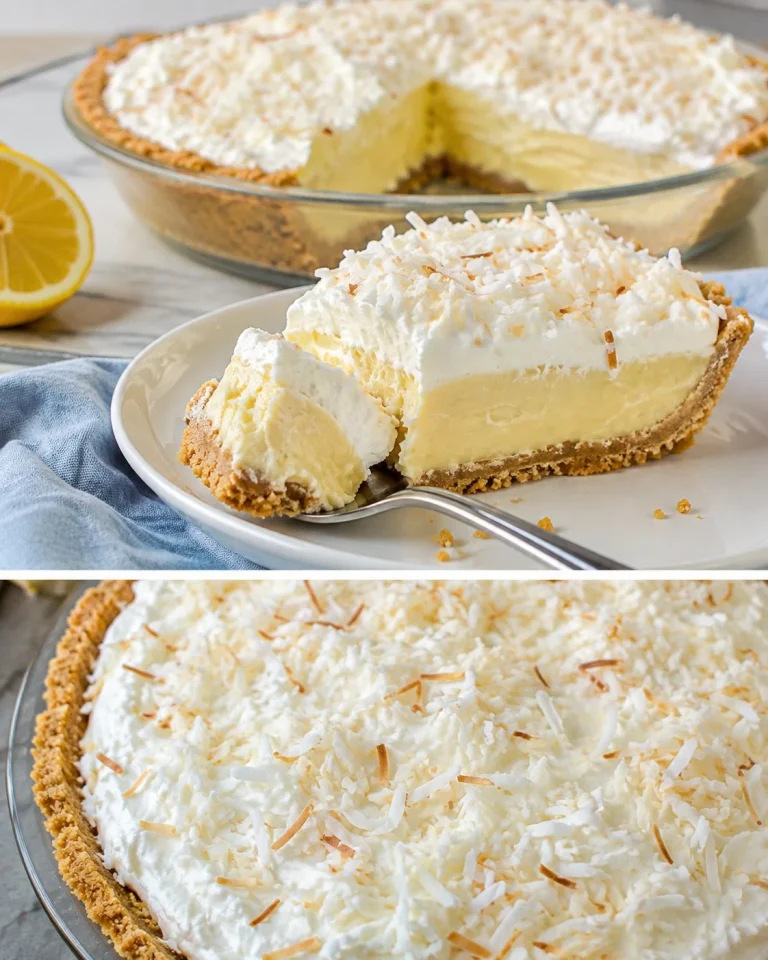 Slice of lemon coconut refrigerator pie garnished with coconuts and lemon zest.