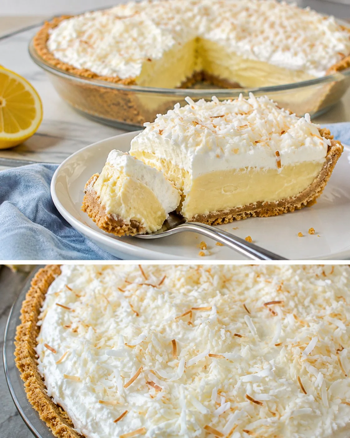 Slice of lemon coconut refrigerator pie garnished with coconuts and lemon zest.