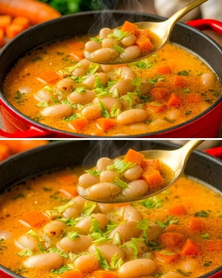 Bowl of Mediterranean bean soup with fresh herbs and vegetables