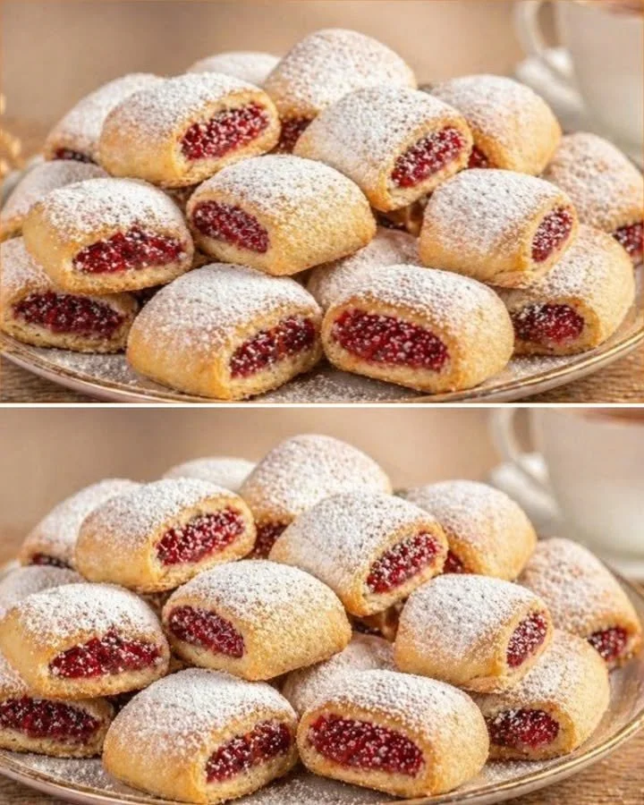 Plate of soft raspberry jam cookies that melt in your mouth