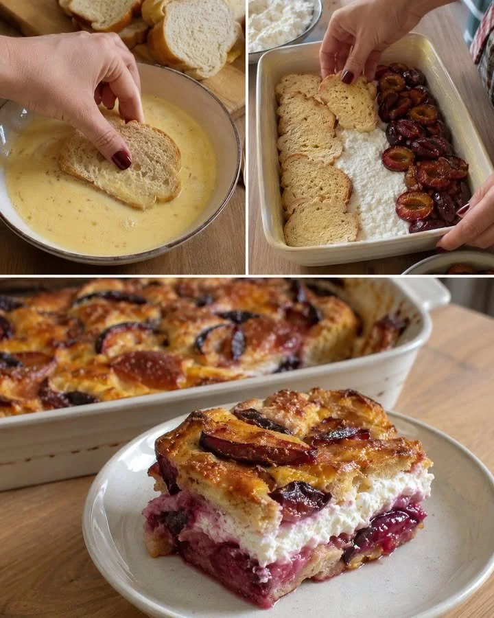 Delicious slivková žemľovka with cottage cheese and cinnamon topping.