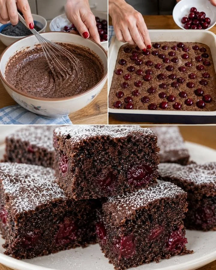 Delicious kakaovo-makový koláč with cherries on a plate.