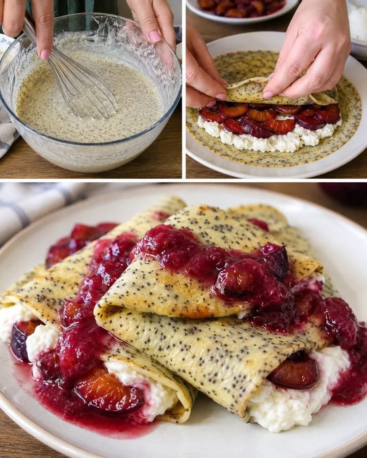 Sweet poppy seed pancakes filled with cheese and plums recipe