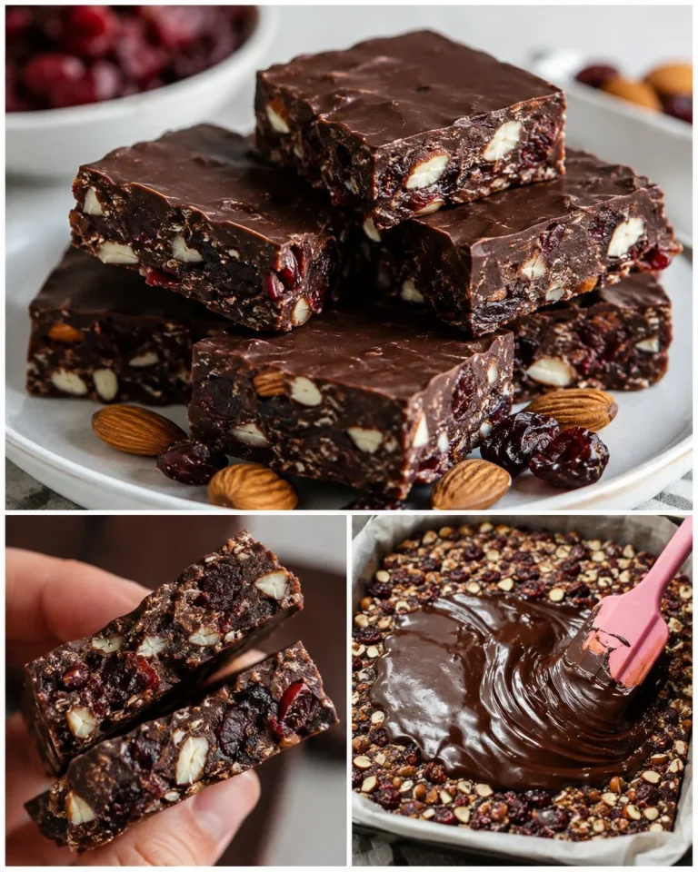 Delicious no-bake almond cherry chocolate squares topped with almonds and cherries