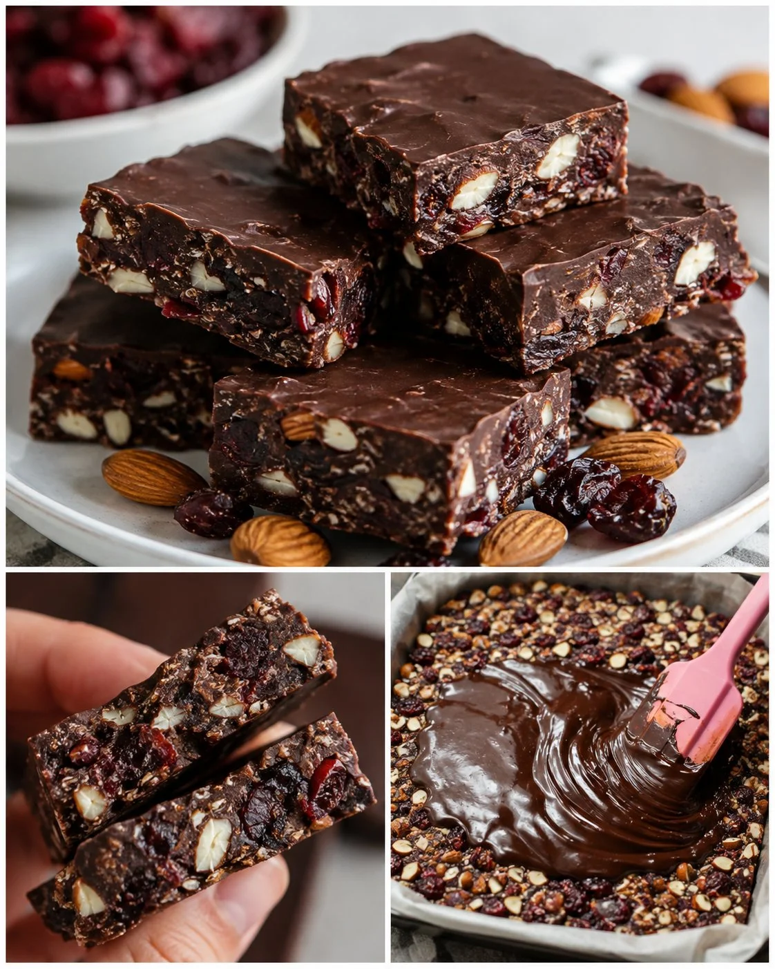 Delicious no-bake almond cherry chocolate squares topped with almonds and cherries