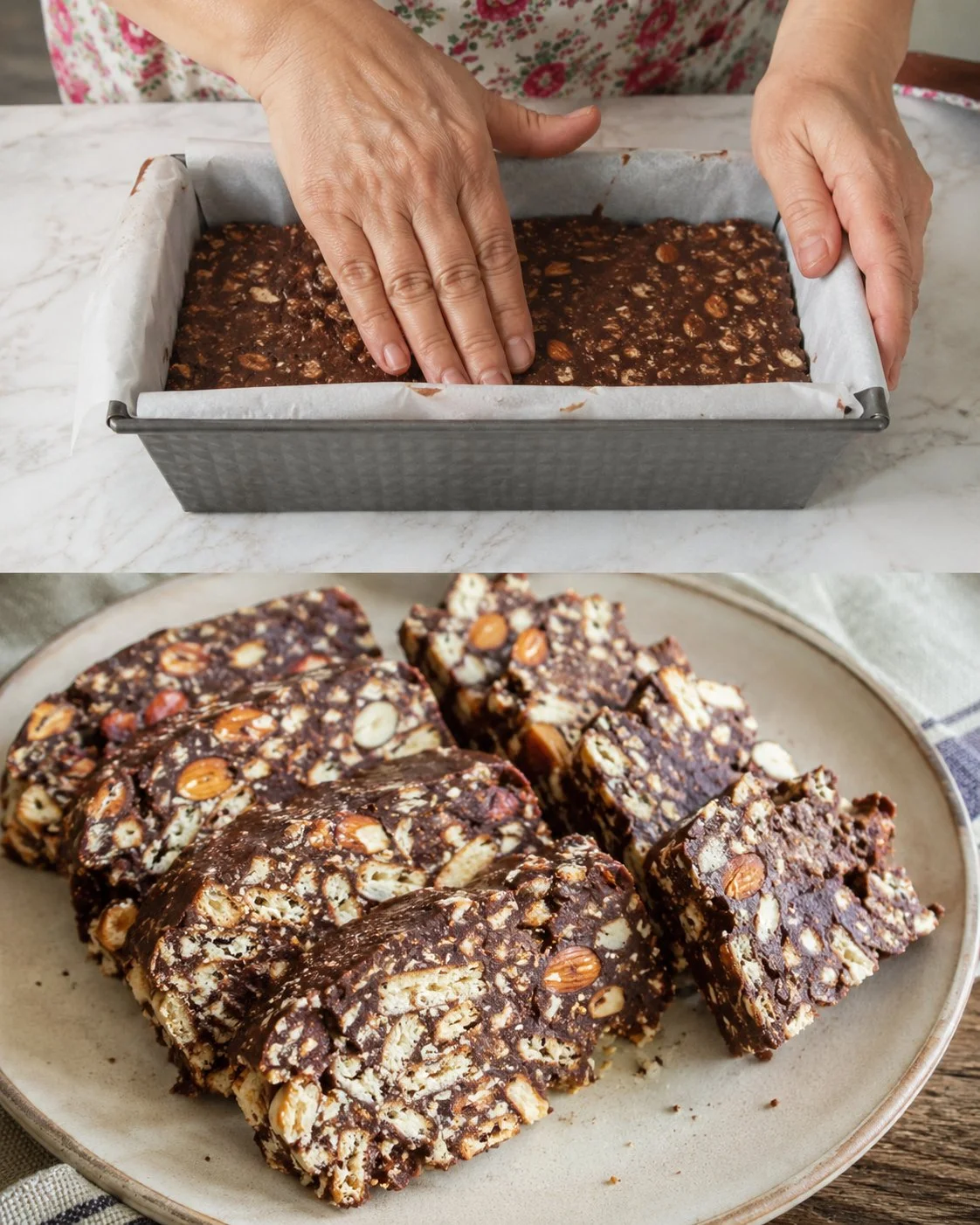 Delicious no-bake almond chocolate biscuit bars ready to enjoy