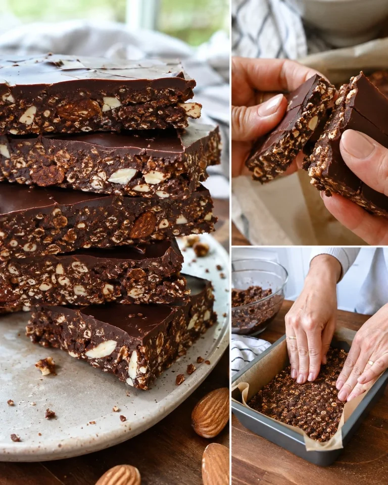 No-bake Almond Cocoa Crunch Bars topped with chocolate and almonds.