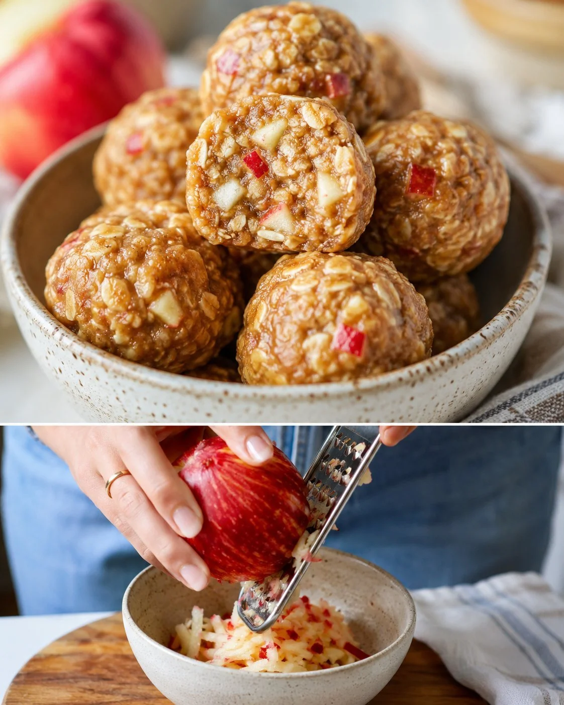 No-bake apple peanut butter oat bites on a wooden plate