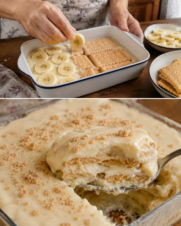 No-bake banana biscuit pudding with layered bananas and creamy filling