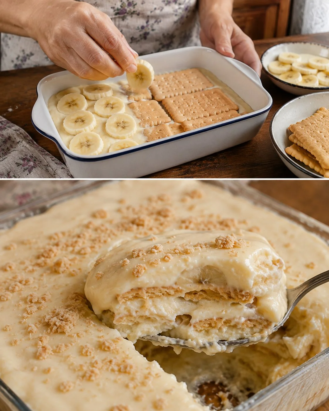 No-bake banana biscuit pudding with layered bananas and creamy filling