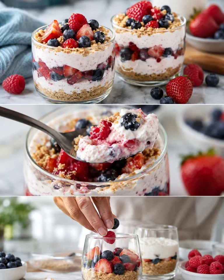 No-Bake Berry Cottage Cheese Cups topped with fresh berries and mint garnish
