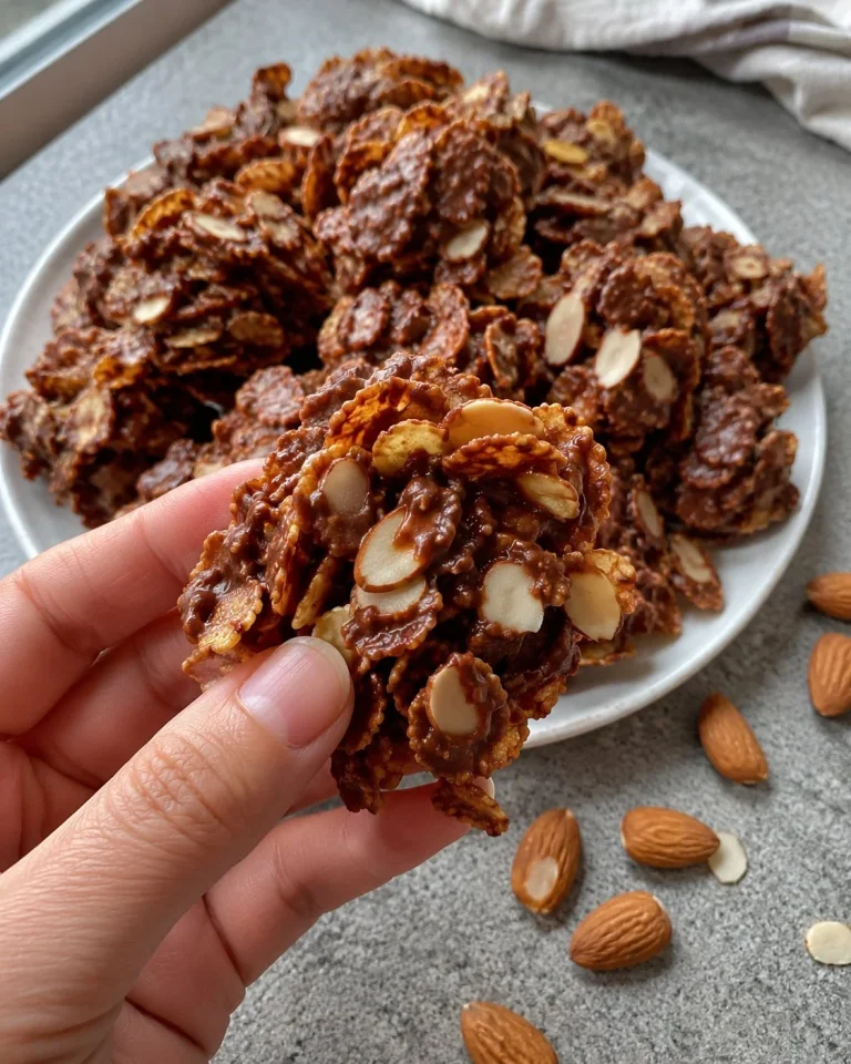 No-bake chocolate almond clusters with cornflakes for a crunchy treat